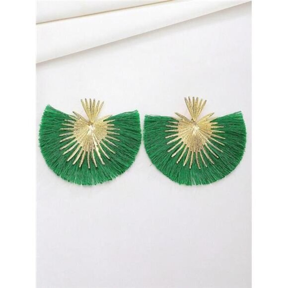 WOMEN'S Green Tassel Stud Statement Earrings - Picture 5 of 6